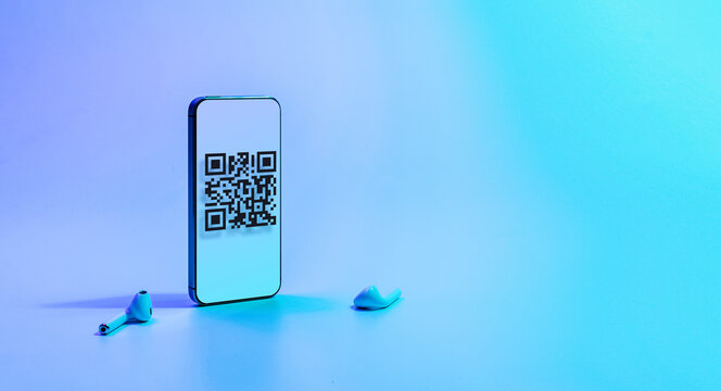 Qr code payment. Digital mobile smart phone with qr code scanner on smartphone screen for pay, scan barcode technology on neon background. Online shopping, cashless society technology concept. - Powered by Adobe