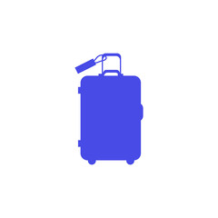 Travel suitcase with wheels in very peri color. Vector icon isolated on white background.