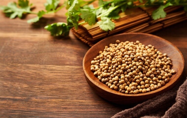 dry coriander seed spice in a wood dish and leaf or leaves on wooden background with copy space                             