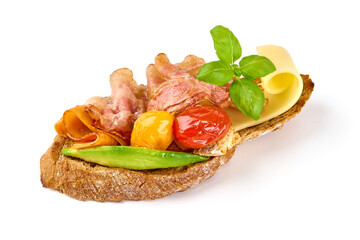 Bruschetta with fried bacon, isolated on white background. High resolution image.