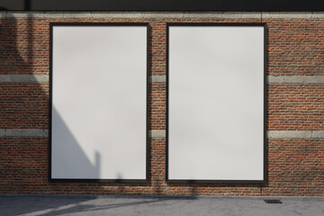 Blank Poster frame / Billboard / Display on an old factory brick wall - Mockup