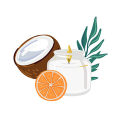 Modern white candle in glass container. Aroma therapy candle scented with coconut and orange. Vector art. 