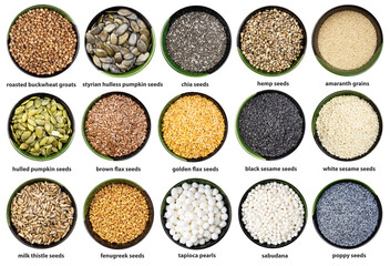 set of various seeds and grains in bowl with names