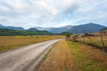 Fototapeta na wymiar Mountain road in the high mountain village Tusheti, Omalo. Georgia