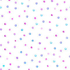 Hand drawn watercolor seamless pattern with dots texture in blue, purple and pink colors.