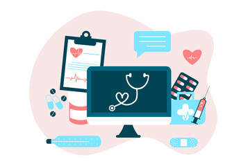 Online health tele medicine flat illustration. Online medical healthcare consultation and treatment via mobile phone application of computer connected internet clinic. Online ask doctor consultation.