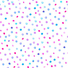 Hand drawn watercolor seamless pattern with dots texture in blue, purple and pink colors.