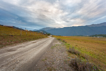 Mountain road in the high mountain village Tusheti, Omalo. Georgia
