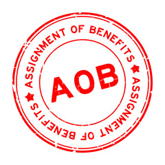 Grunge red AOB Assignment of benefits word round rubber seal stamp on white background