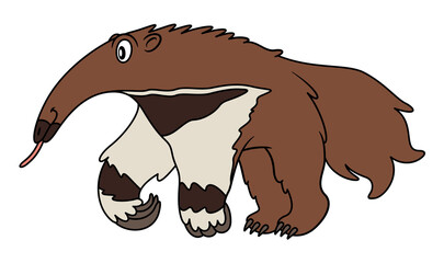 Cartoon illustration of brown Giant Anteater standing on his feet and showing long tongue. Image for child books and kids education material with exotic wild animals. White background. Friendly look.