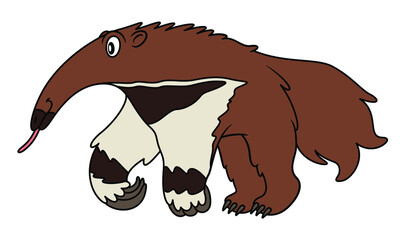 Cartoon illustration of brown Giant Anteater standing on his feet and showing long tongue. Image for child books and kids education material with exotic wild animals. White background. Friendly look.