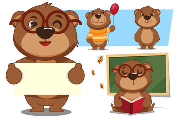 The character is a small bear. Children's illustration. Cute cartoon style.