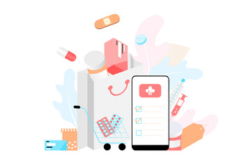 Online pharmacy app concept of healthcare, drugstore and e-commerce. Vector illustration of prescription drugs, first aid kit and medical supplies being sold online via web or computer technology.