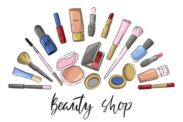 Makeup boutique, beauty shop logo banner. Face care beauty tools set. Sketch of cosmetics products. Brushes, lipstick, eye pencil, powder palette hand drawn illustration isolated on white background.