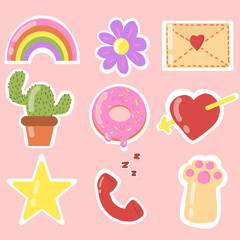 Sticker pack of funny cartoon. Vector illustration of comic heart, star, rainbow, flower, abstract etc. Signs, symbols, objects for scheduler or organizer