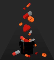 Vector image for Valentine's Day. Images of pills and hearts. Vector image for posters, letters, invitations.