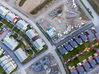 Aerial view of residential houses at winter. Scandinavian neighborhood, suburb.
