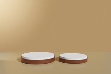 abstract Brown pedestal display with brown and white cylinders with box stand concept. Podium for brand promotion products, realistic 3d digital rendering