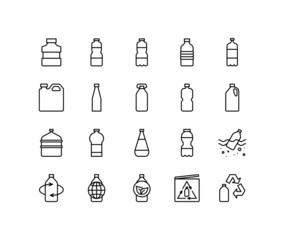 Plastic bottle flat line icons set. Types of PET bottles for water, liquid, oil. Simple flat vector illustration for web site or mobile app