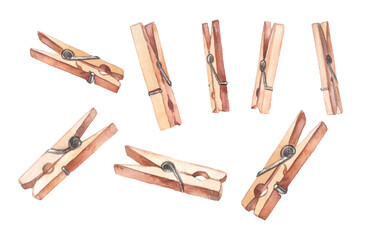 Set of watercolor wooden clothespins isolated on white