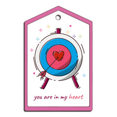 Tag design template with a target right in the heart for festive decoration. Love concept. Price tag happy valentines day. Template for decoration.