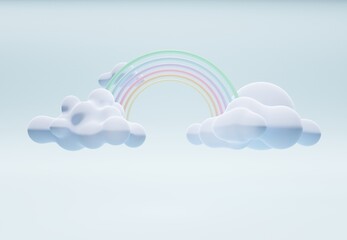 Stand and display colorful pastel clouds and rainbow in the baby room interior. 3D rendering. A scene for advertising, Minimalist mockup for podium display or showcase.