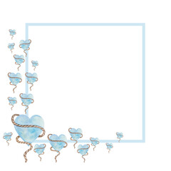 Watercolor frame from hand painted illustration of blue heart with brown rope. Blank template in square shape in marine style for summer party cards, Valentine's Day postcards, wedding invitations