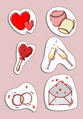Vector illustration in MBE style. A set of stickers of 6 pieces for a happy valentines day. Valentine card with red heart. Love concept.