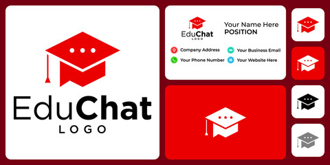 Chat icon and academic hat logo design with business card template.