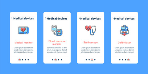 Medical devices onboarding mobile app screens. Treatment steps menu. Medical and blood pressure monitor, stethoscope, defibrillator. Set of UI, UX, web template with RGB color linear icons