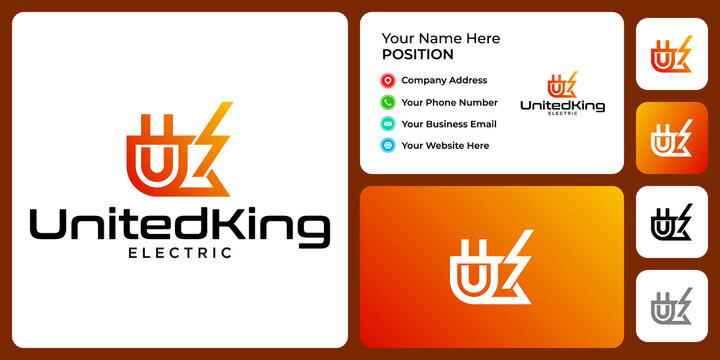 Letter U K monogram electric logo design with business card template.