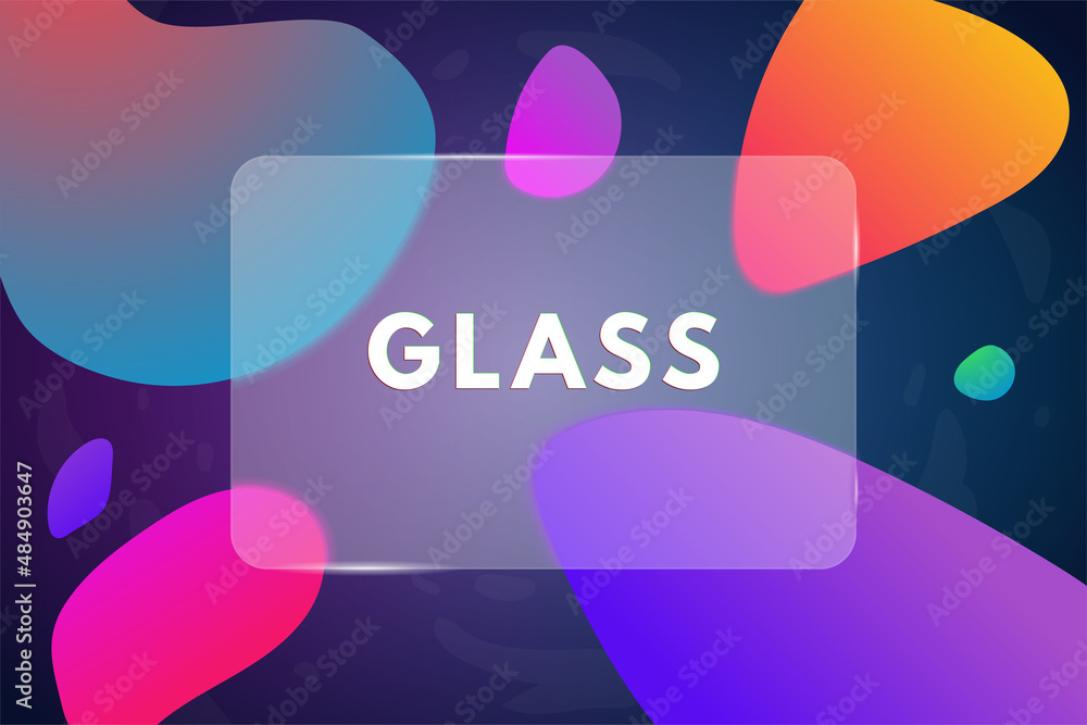 Poster transparent glass on dark blue background with colorful blobs. glass morphism style vector image. tr