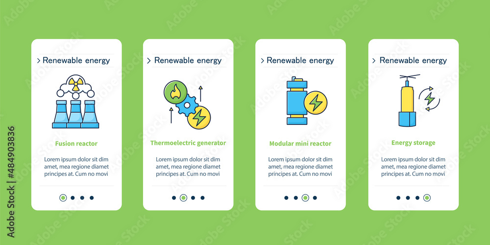 Poster energy onboarding mobile app screens.fusion and modular mini reactors, thermoelectric generator. ene