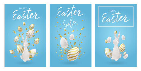 Happy Easter greeting card set set with realistic 3d decoration. Luxury Golden eggs, ceramic bunny and gold confetti. Happy Easter celebrating event cards, egg festival banners. Vector illustration.