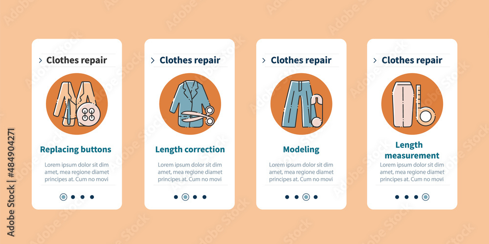 Poster clothing repair onboarding mobile app screens. replacing buttons, length correction, modeling and me