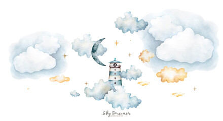 gentle watercolor lighthouse with rainbow, clouds, hot air balloon,moon, kite, for greeting cards in pastel colors