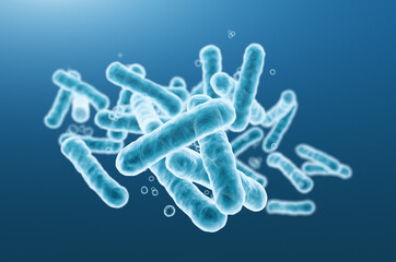 Close-up of 3d rendering microscopic blue bacteria.