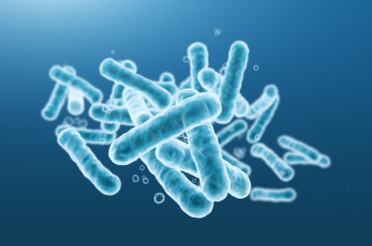 Close-up of 3d rendering microscopic blue bacteria.