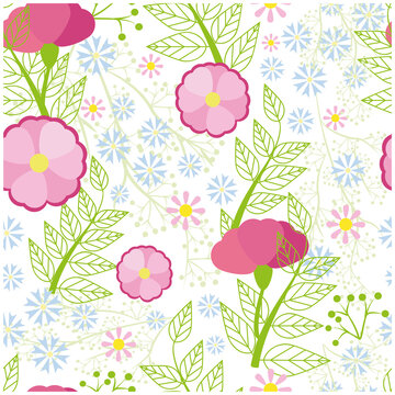Set vector seamless pattern on a white background with the image of pink and blue flowers, branches and grass.