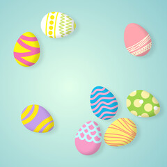 Illustration of colorful colored line art design painted eggs on green mint and trendy light blue feel like grass background for hunting game on Easter Festival