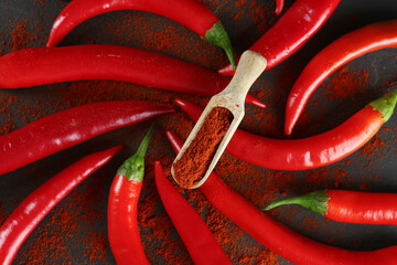 Paprika powder and fresh chili peppers on black table, flat lay