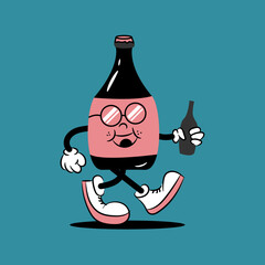 wine bottle and glass retro cartoon style