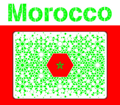 Morocco Flag. Moroccan disintegration pattern based on geometric Islamic mosaic design. Tile repeating vector border. Red and green color Flag. Abstract background.	
