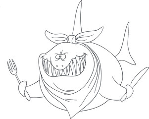 childrens coloring book shark at lunch, hungry fish