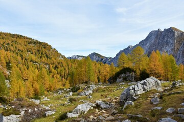 Alpine mountain landscape in Julian alps and Triglav national park, Slovenia above Krma valley...