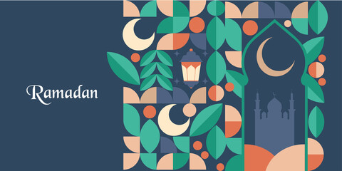 Ramadan Kareem. Mosque. Islamic greeting card template with ramadan for wallpaper design. Poster, media banner. Vector illustration. - obrazy, fototapety, plakaty