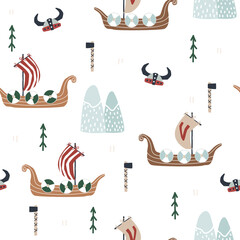 Seamless pattern with Viking ships. Kids print. Vector hand drawn illustration.
