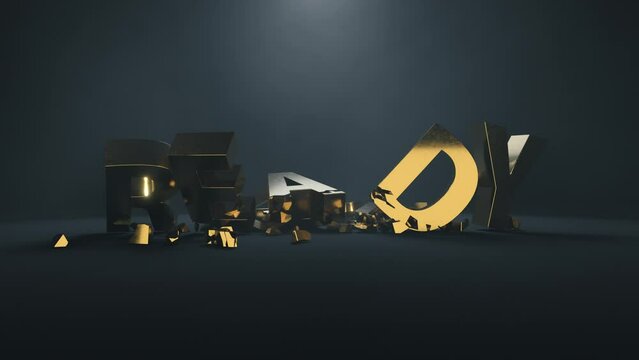 ARE YOU READY, animated 3d text dropping and fracturing on impact with atmospheric haze floating around.