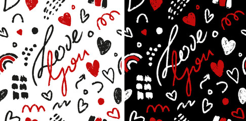 Cute hand drawn love pattern background with hearts and abstract shapes. Happy Valentine's Day background. Love you. Vector seamless pattern.