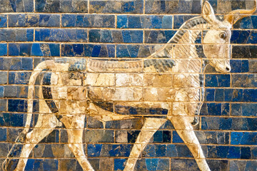 Relief of bull on the Ishtar Gate, details of the Babylonian Ischtar Tor.